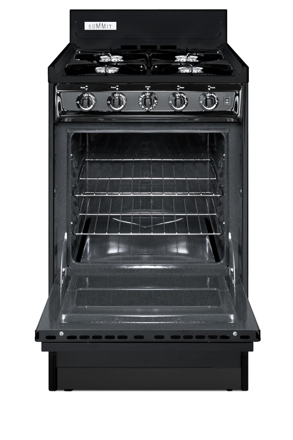 Black 20-inch wide gas range with four open burners and oven door open, suitable for kitchen appliances and ranges collection