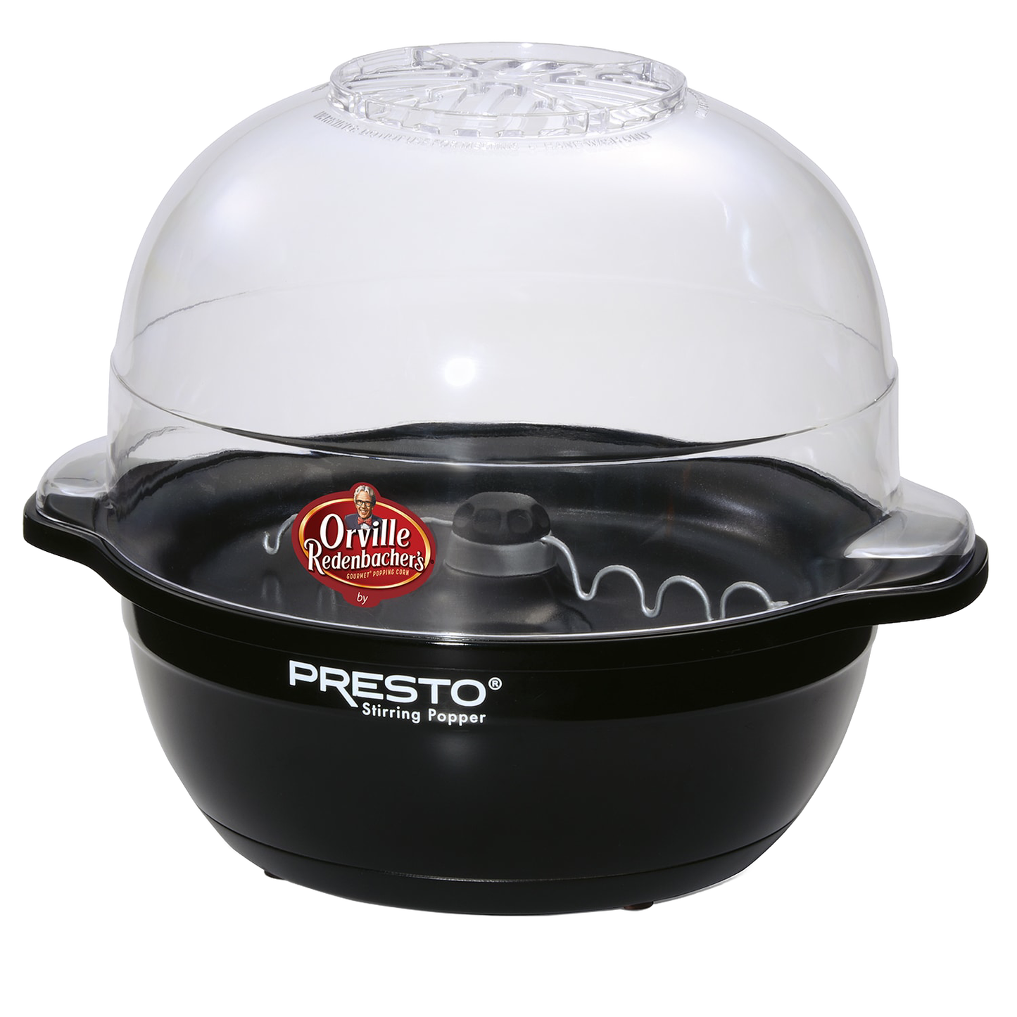 Black electric popcorn popper with clear plastic dome lid and automatic stirring mechanism for kitchen appliances use