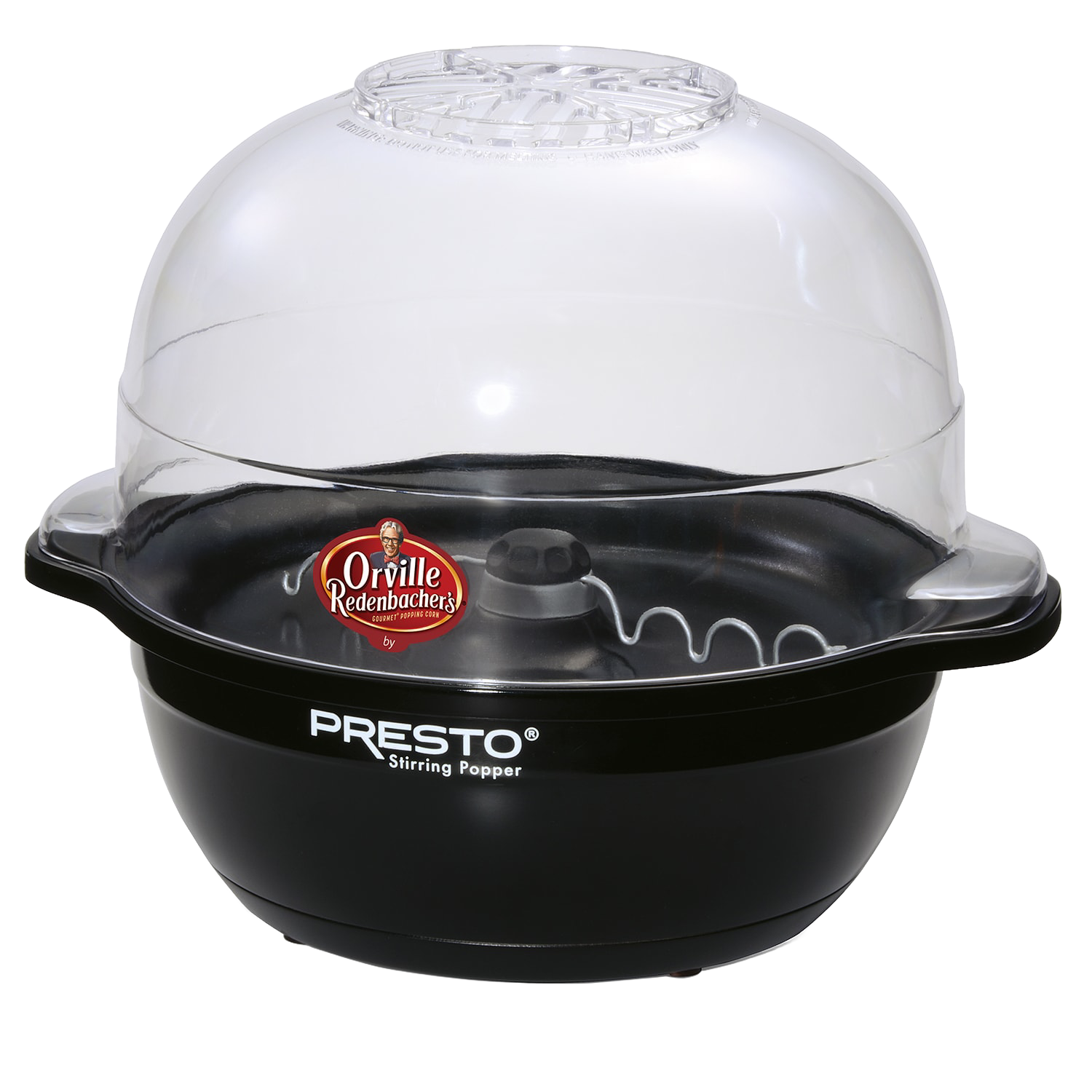 Black electric popcorn popper with clear plastic dome lid and automatic stirring mechanism for kitchen appliances use