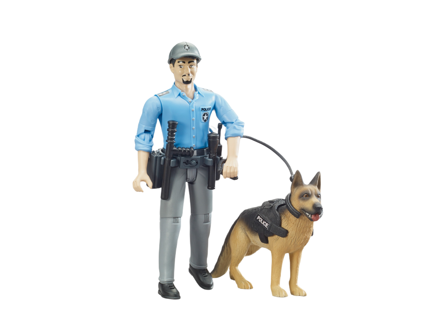 Plastic figure of a police officer in blue uniform holding a leash attached to a German Shepherd dog toy wearing a harness