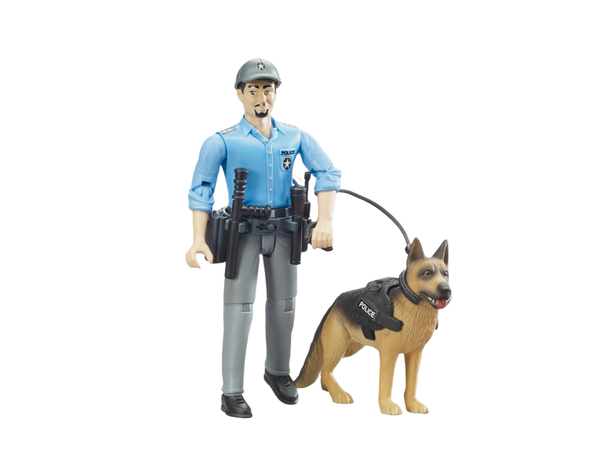 Plastic figure of a police officer in blue uniform holding a leash attached to a German Shepherd dog toy wearing a harness
