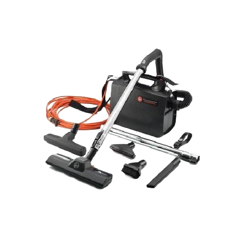 Black and silver lightweight canister vacuum with orange cord and multiple cleaning attachments for home improvement use