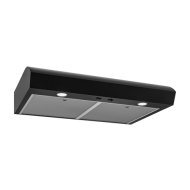 Black under cabinet range hood with stainless steel filters and built-in lighting, designed for kitchen ventilation in appliances and home improvement collections.