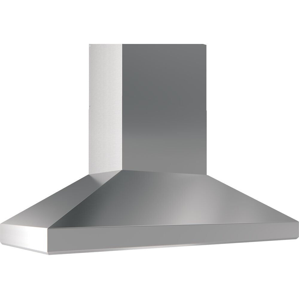 Stainless steel chimney wall range hood with sleek angular design for kitchen ventilation in home improvement collection