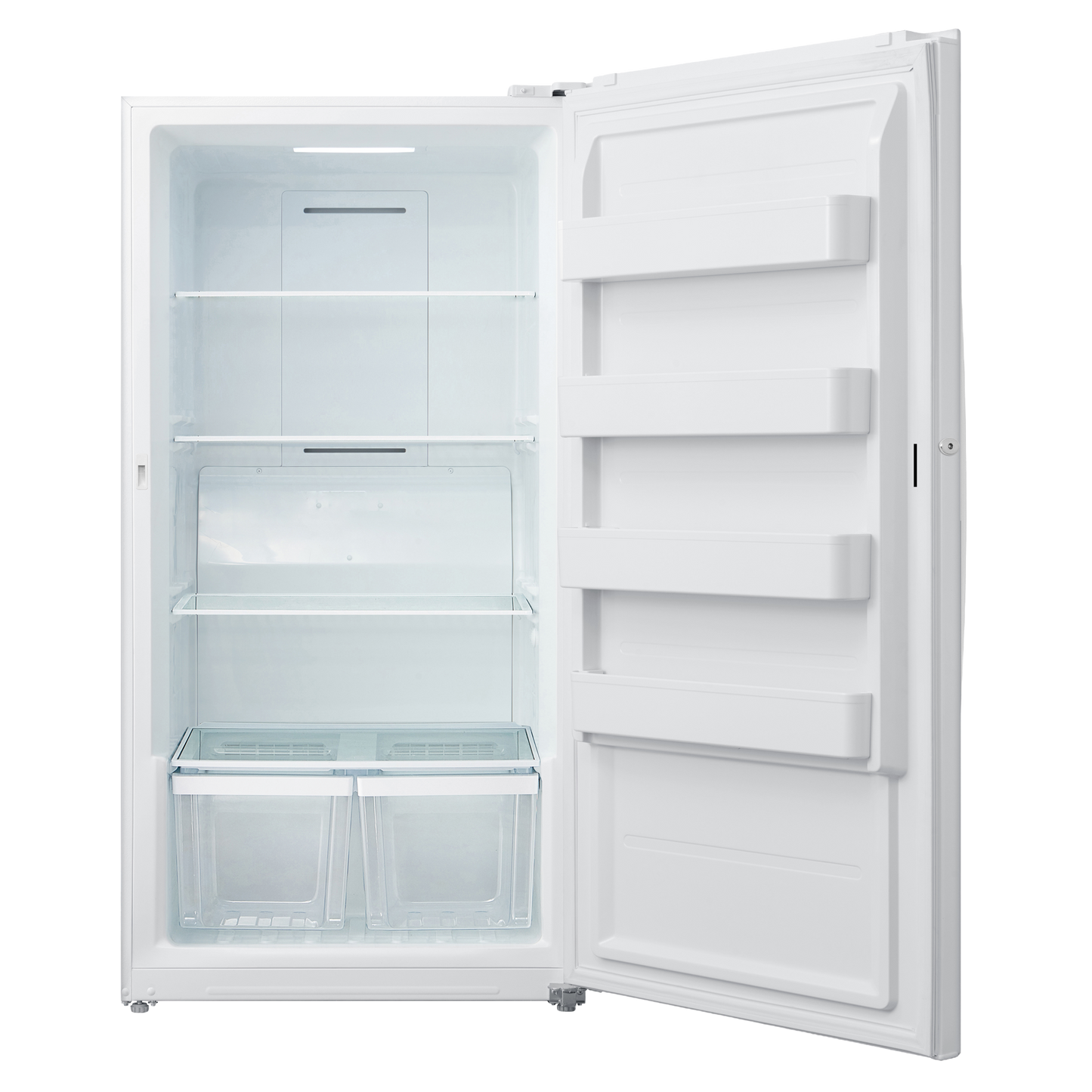 Open white upright freezer refrigerator showing glass shelves, clear bins, and door storage from appliances collection