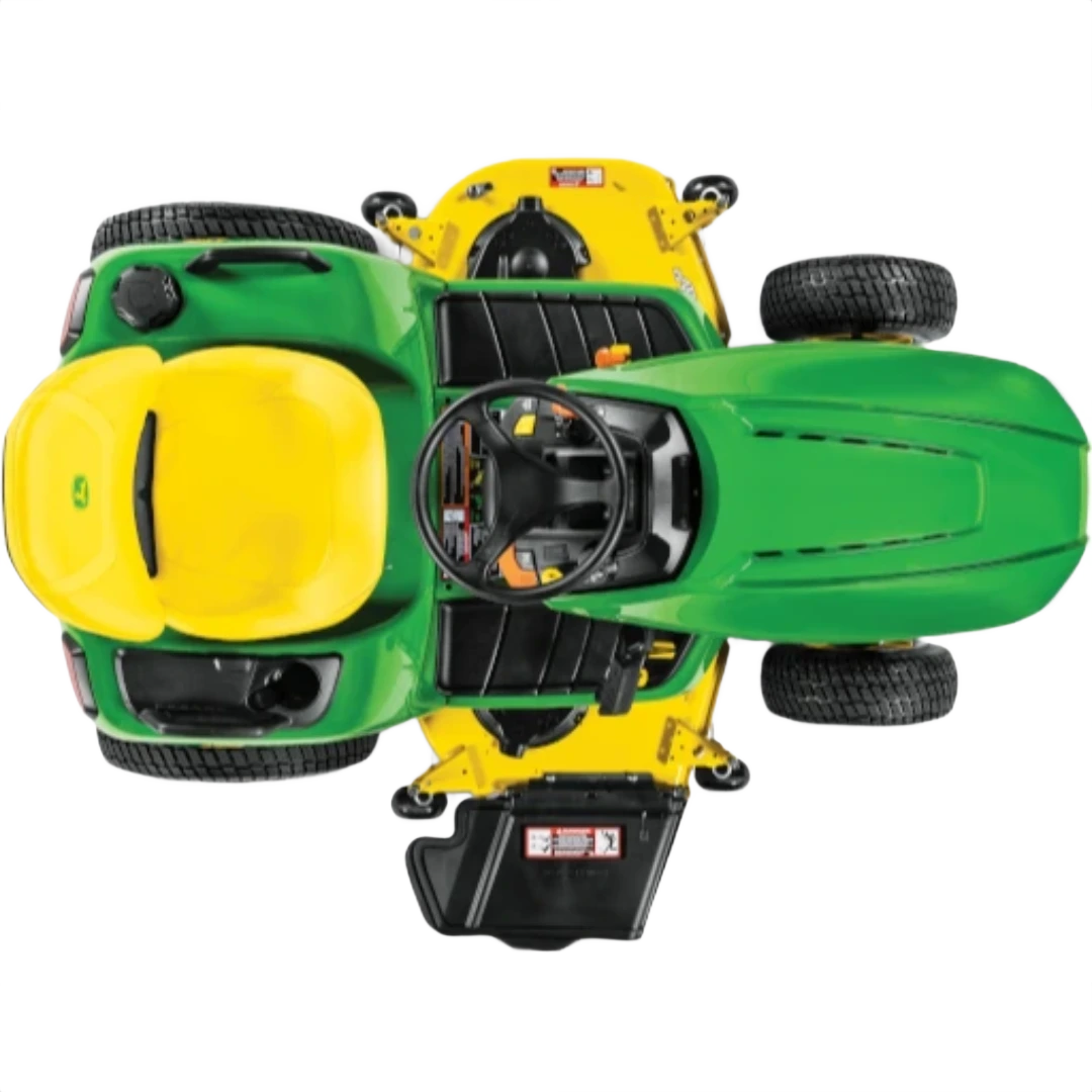 Top view of a green and yellow lawn tractor with no cutting deck, designed for tools and home improvement tasks