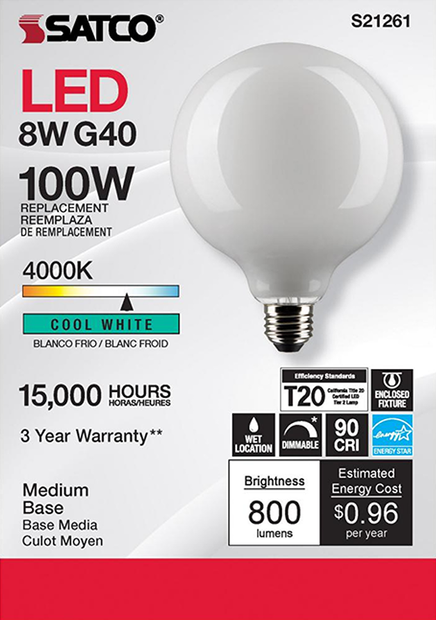 Round LED G40 light bulb with medium screw base, cool white 4000K, energy-efficient with 15,000-hour lifespan under $50 collections