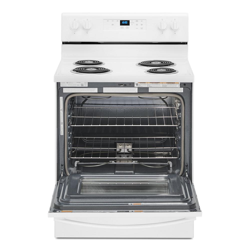 White electric range with open oven door showing racks and coil cooktop from Ranges & Cooktops collection
