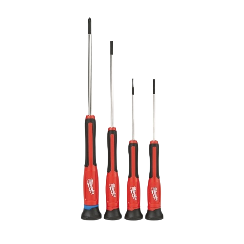 Set of four red and black precision screwdrivers with varied tip sizes for detailed home improvement tasks