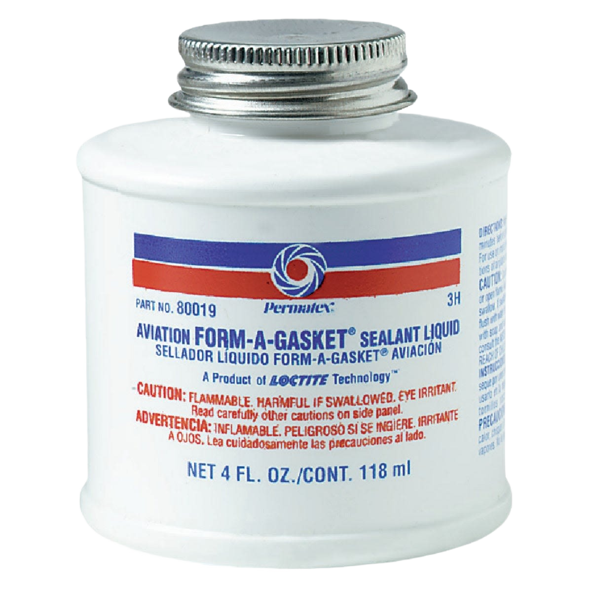 White metal container with screw-on lid holding aviation gasket sealant for tools and home improvement use