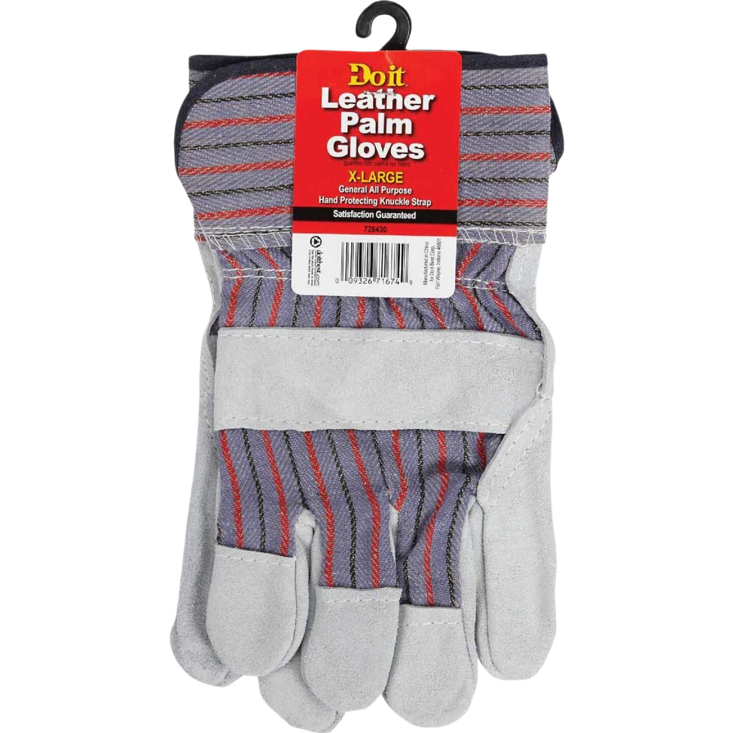 XL gray and blue leather palm gloves with striped fabric backs for safety and work gloves collections