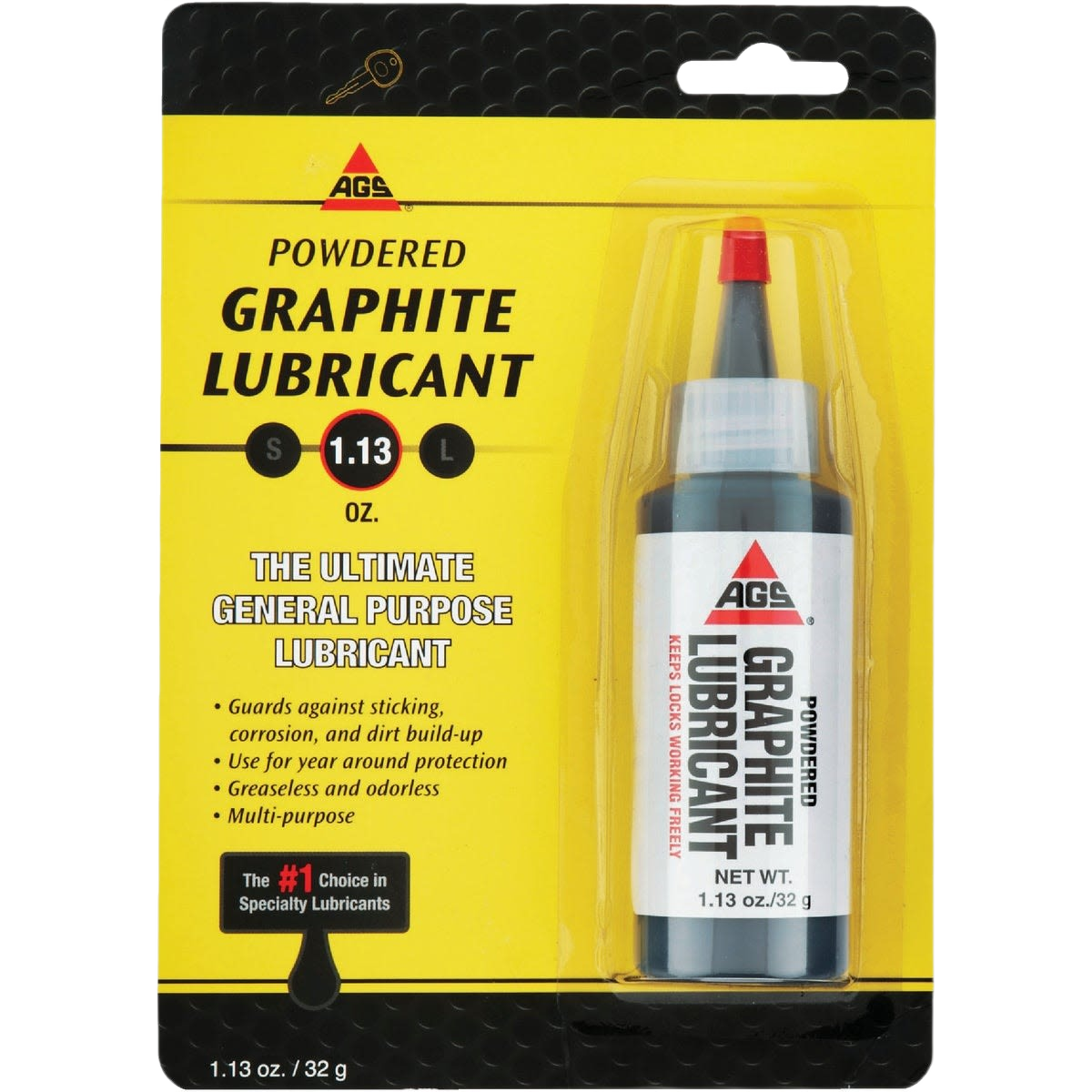 Bottle of powdered graphite lubricant in yellow and black packaging for automotive and home improvement projects