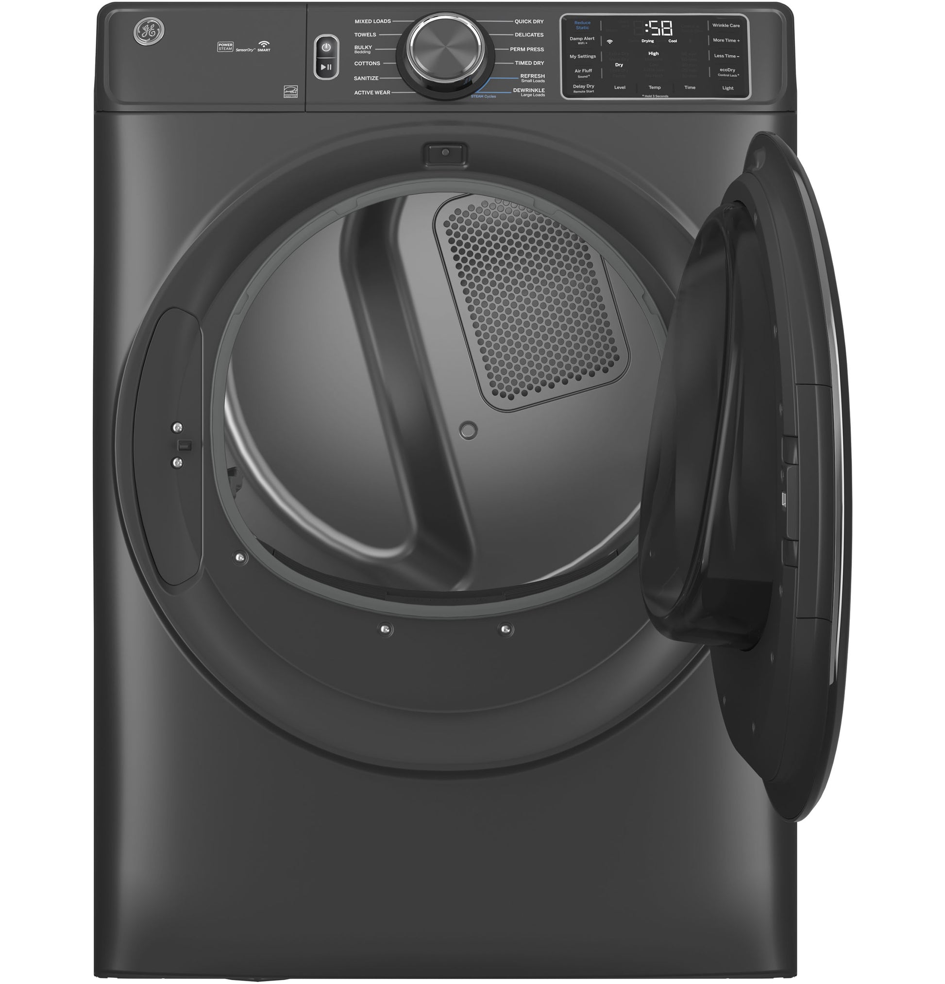 Front load smart gas dryer in dark finish with open door and digital control panel from Dryers collection