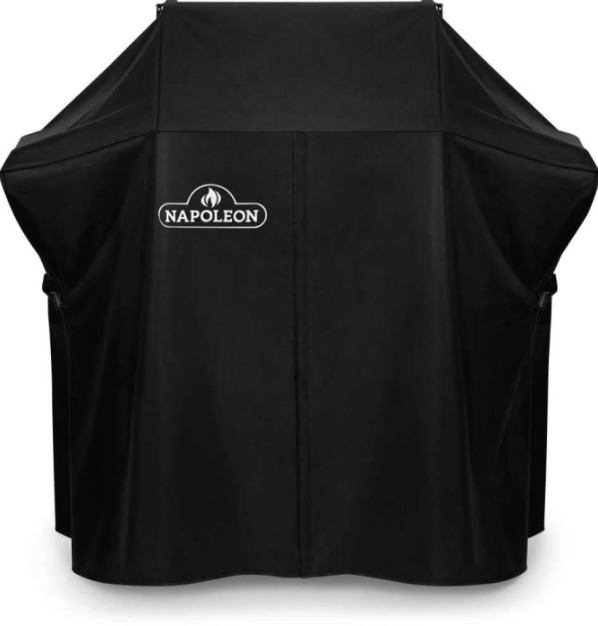 Black water-resistant grill cover with Napoleon logo, designed for protecting outdoor gas grills and enhancing outdoor living spaces.