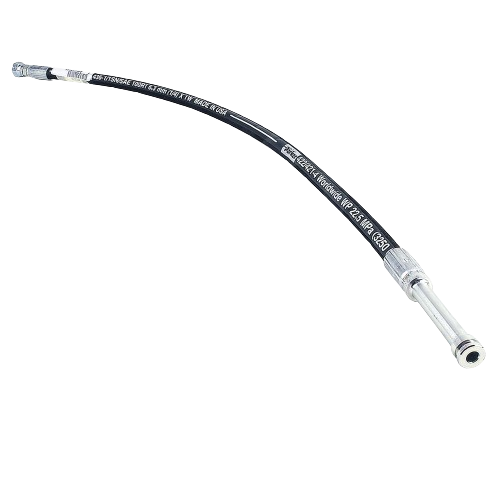 Flexible black steering oil line hose with metal fittings designed for John Deere machinery maintenance tasks