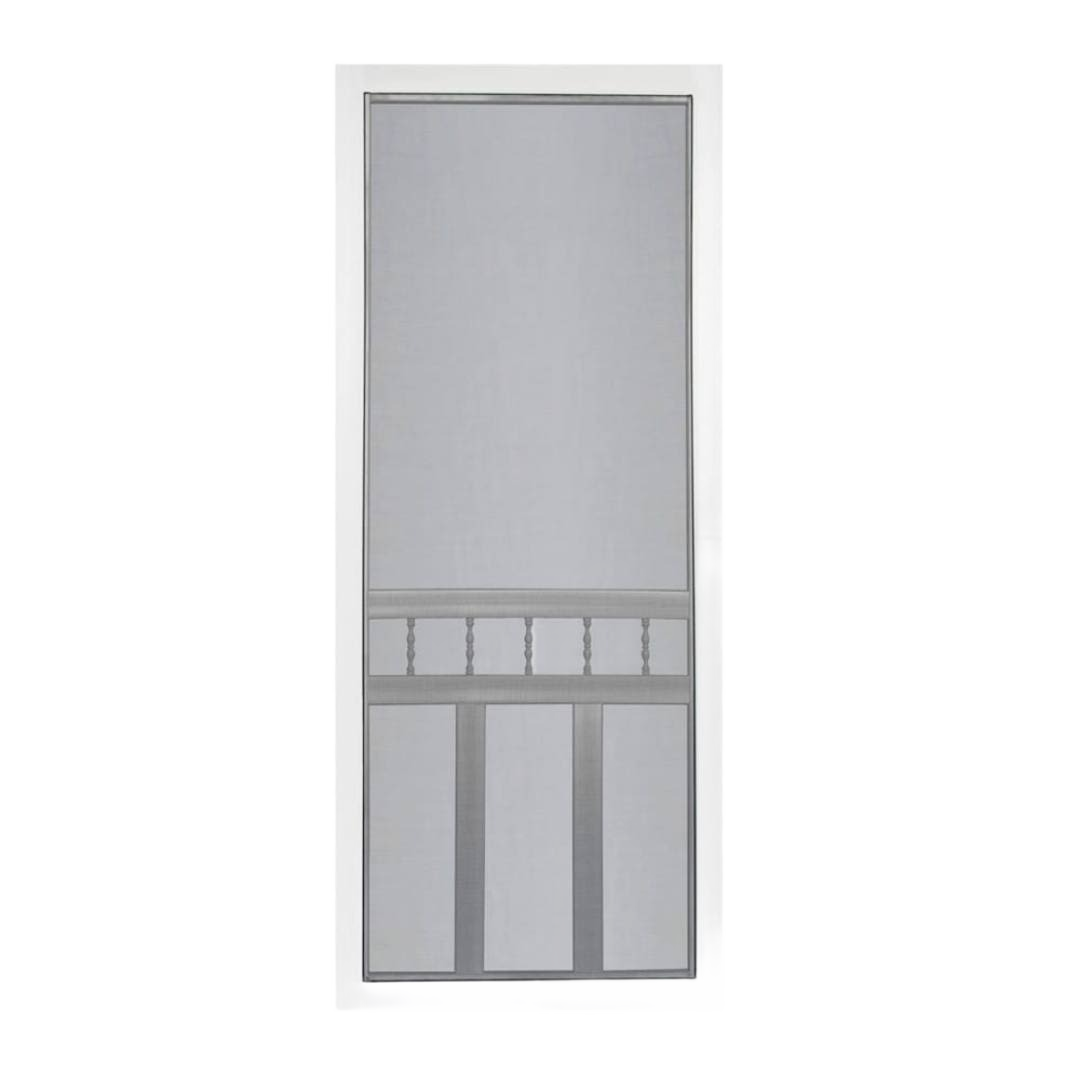 White vinyl screen door with decorative spindle and vertical rails for tools and home improvement projects