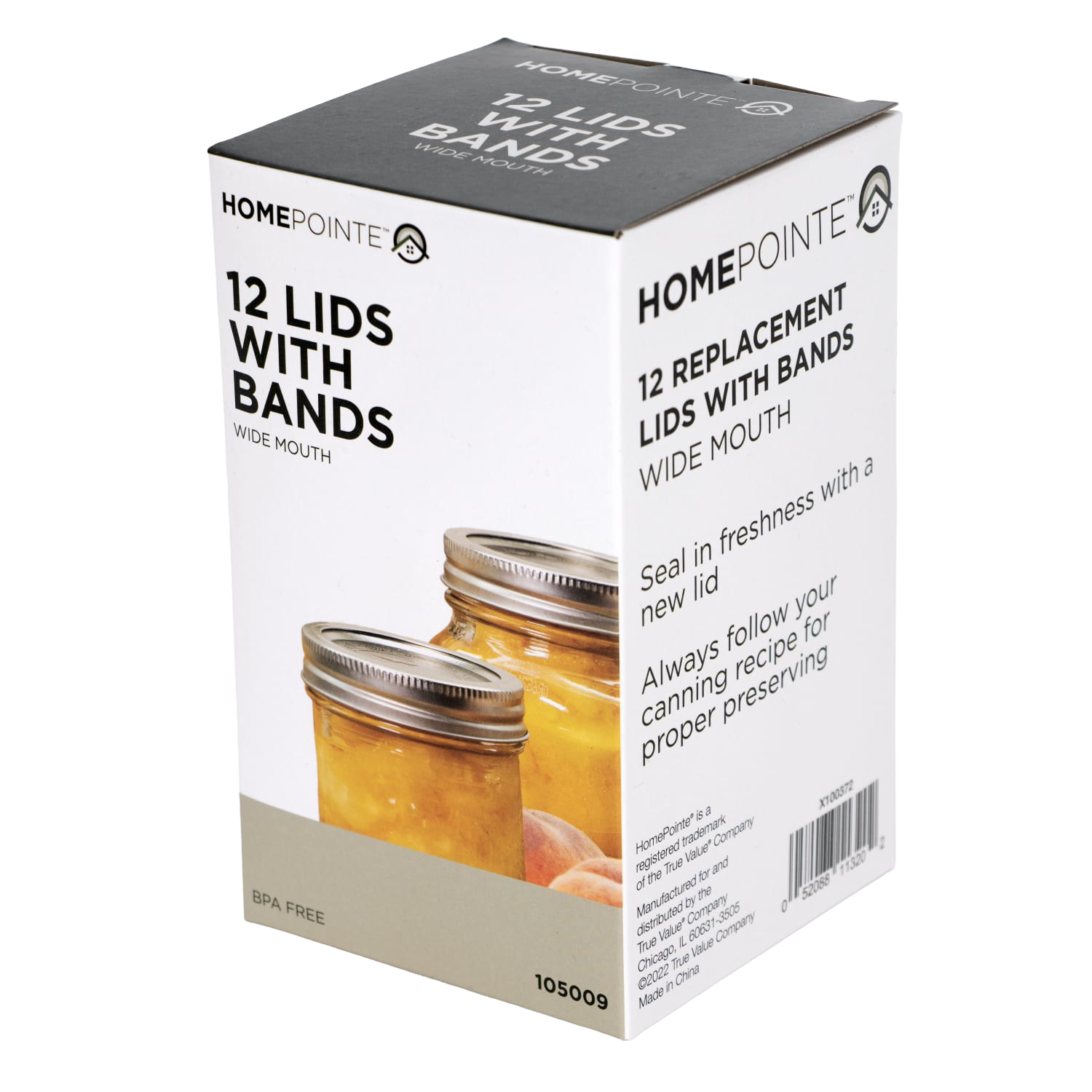 Box of 12 wide-mouth replacement metal lids and bands shown with preserved jars in Kitchenware under $50 collection