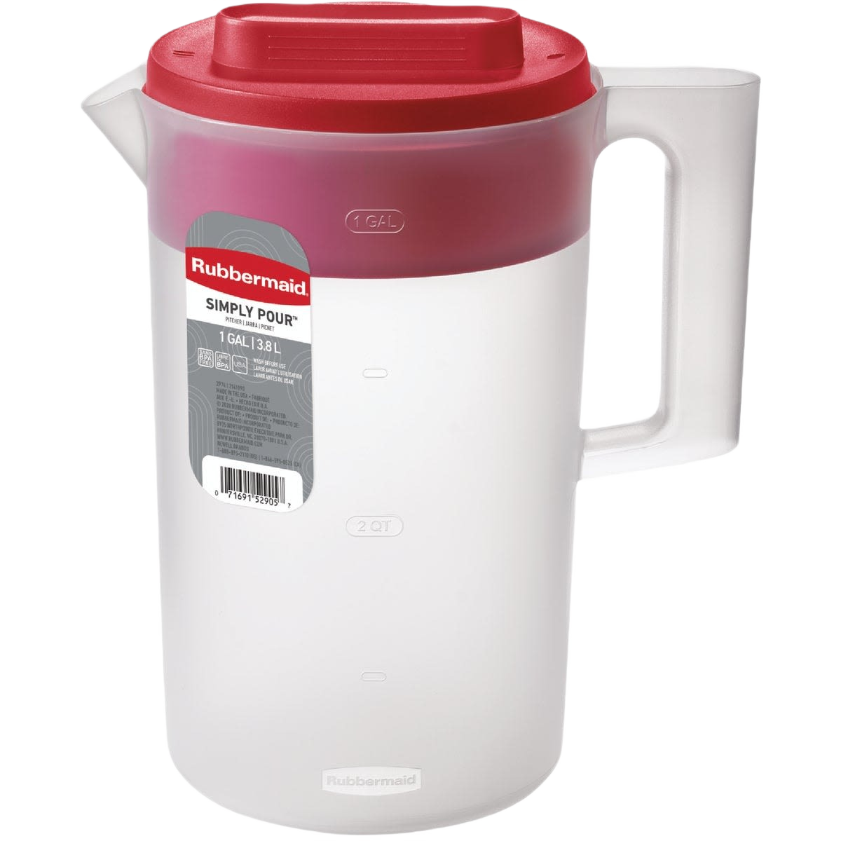 Clear plastic 1-gallon pitcher with red lid and sturdy handle for kitchen use in tableware collection under $50