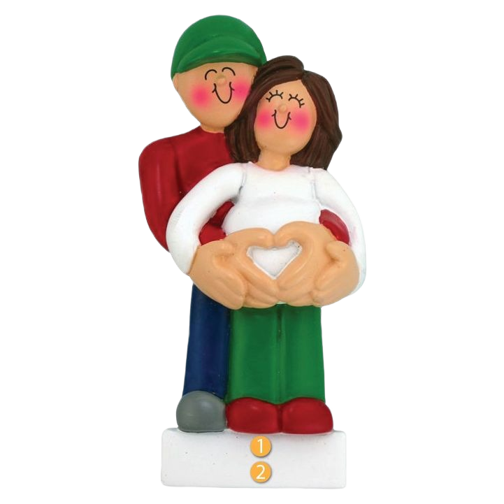 Couple ornament with brunette female in white top and green pants forming heart with hands, Christmas decoration under 50