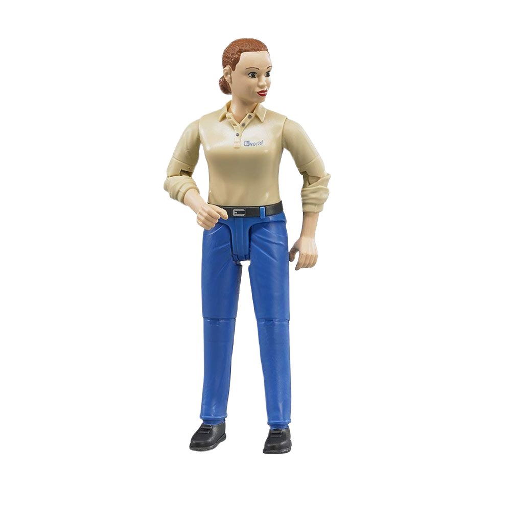 Lifelike toy figure of a woman wearing a beige shirt and blue jeans from Bruder Toys collection under $50