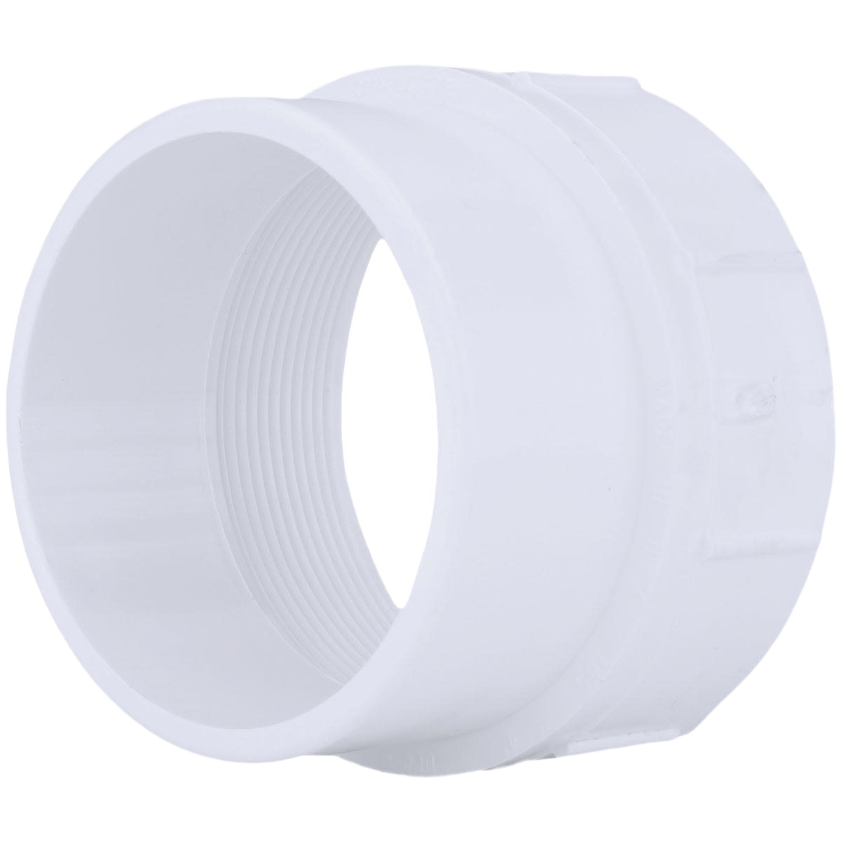White PVC pipe cleanout fitting with threaded connection for plumbing and home improvement applications
