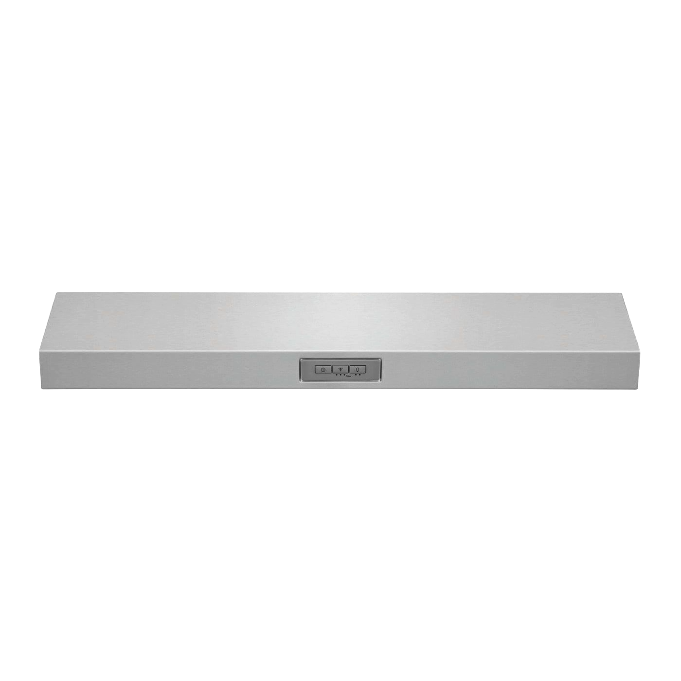 Stainless steel undercabinet ventilation hood with control panel, LED lighting, and filter indicator in kitchen appliances collection