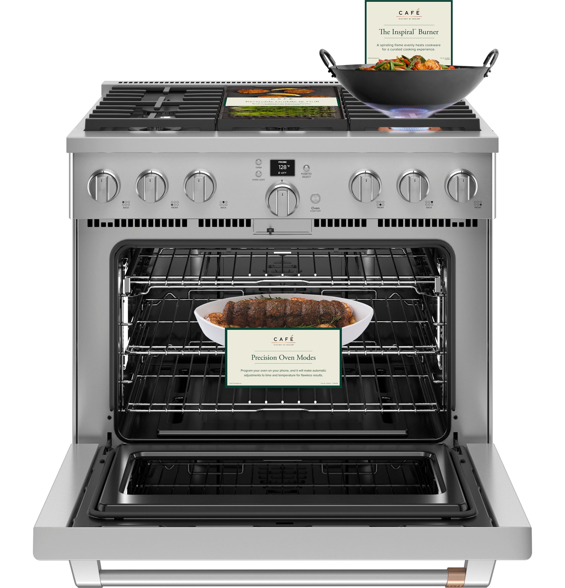 Stainless steel range with six burners, one active flame cooking in a wok, open oven with roast inside in kitchen setting