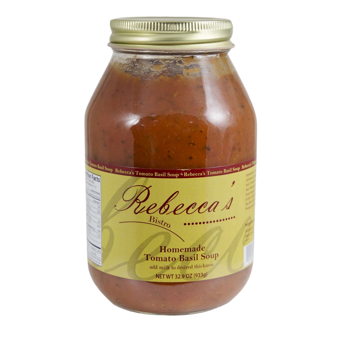 Glass jar of Rebecca's tomato basil soup with yellow label and gold lid in food and beverage under $50 collection