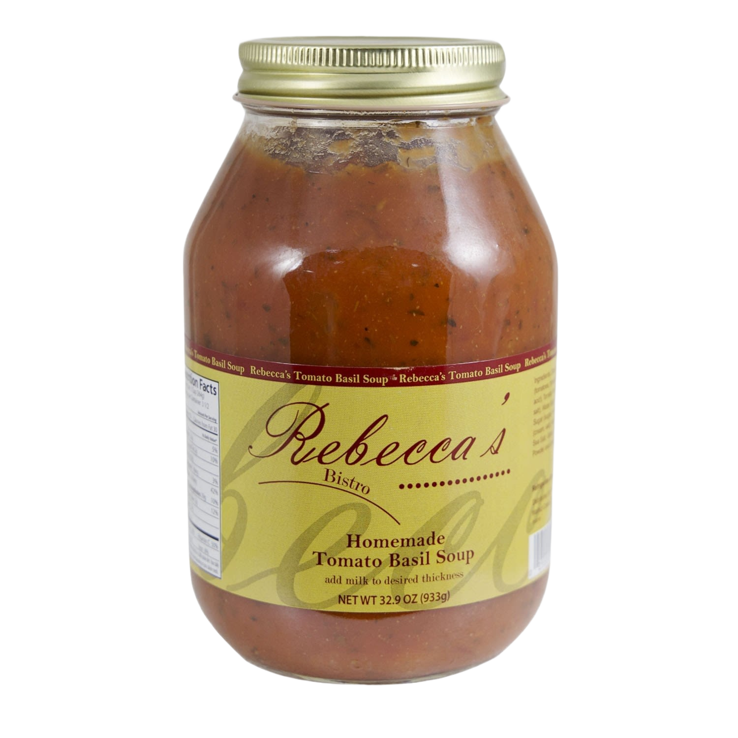 Glass jar of Rebecca's tomato basil soup with yellow label and gold lid in food and beverage under $50 collection