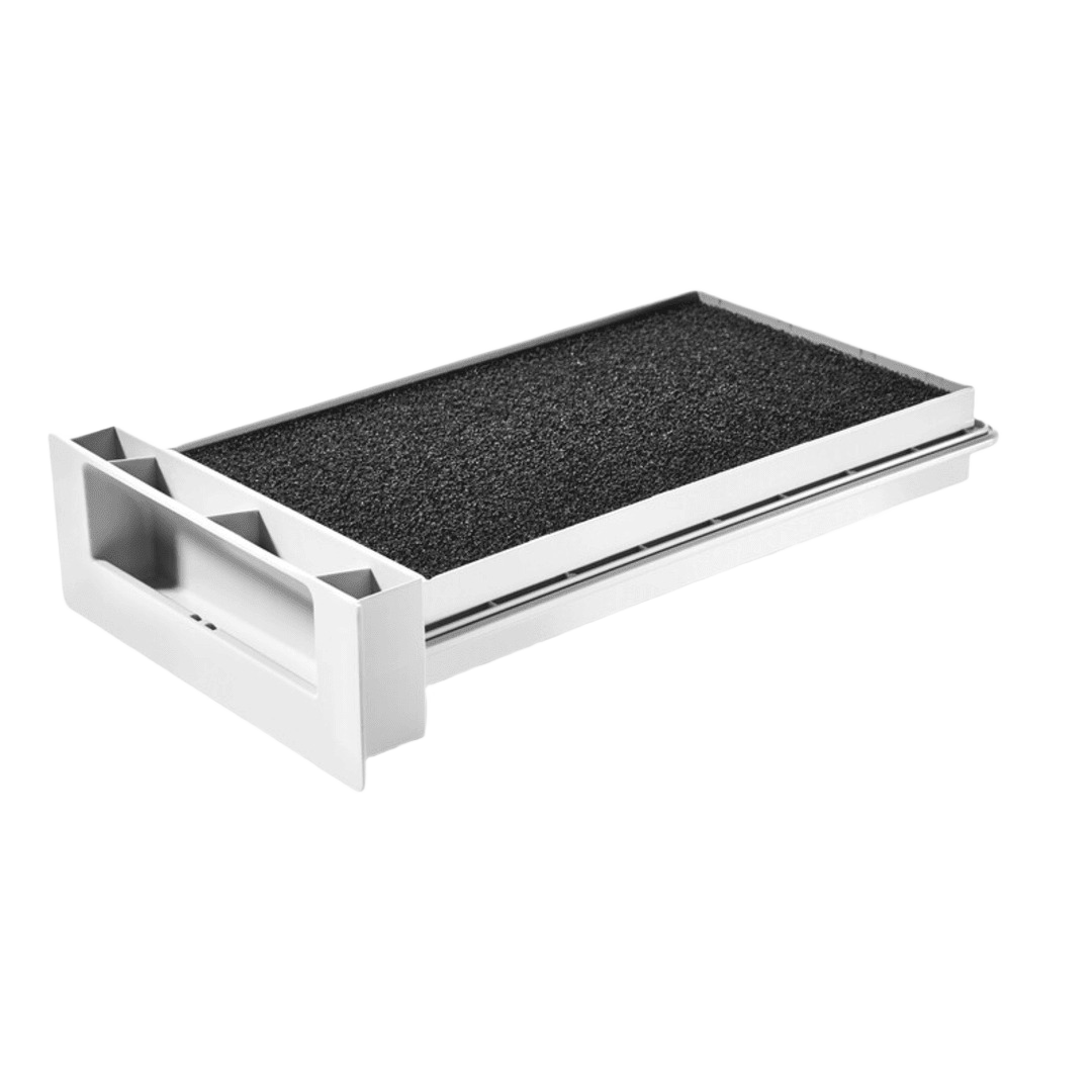Rectangular wet filter with white plastic frame and black foam insert for power tool dust extraction system