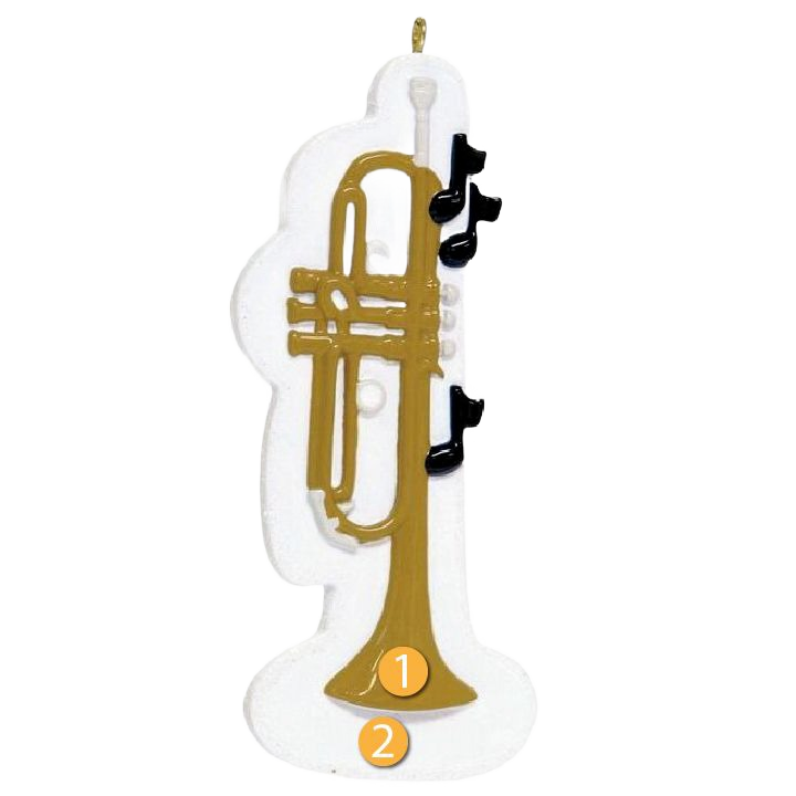Gold trumpet ornament with black musical notes, festive Christmas decoration under $50 for tree display