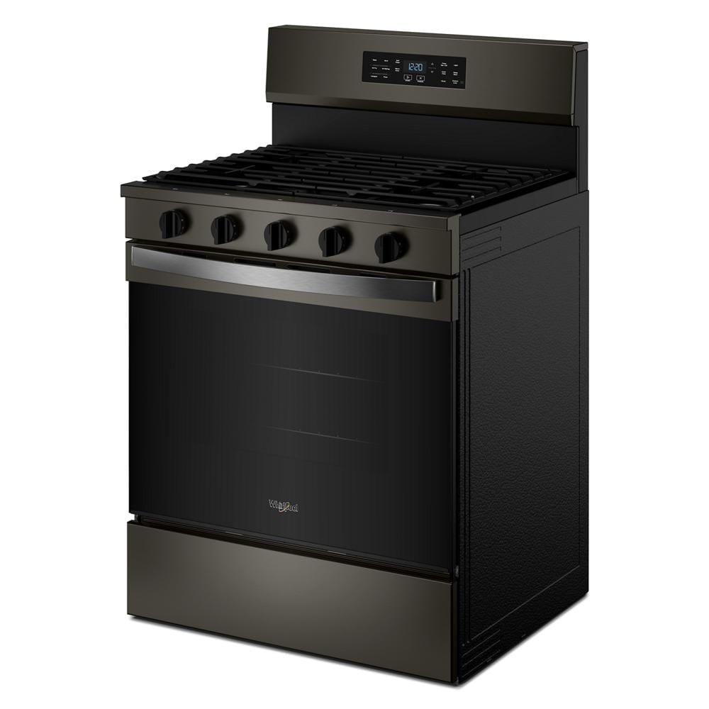 Black 30-inch gas range with digital control panel, five burner knobs, and hinged grates in kitchen appliance collection