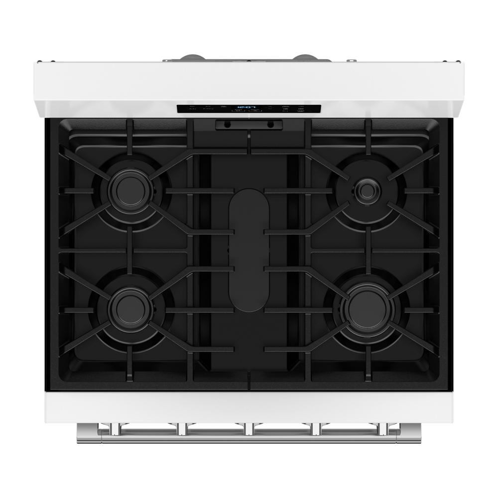 Top view of a white 30-inch gas range with four burners and stainless steel control knobs in kitchen appliances collection