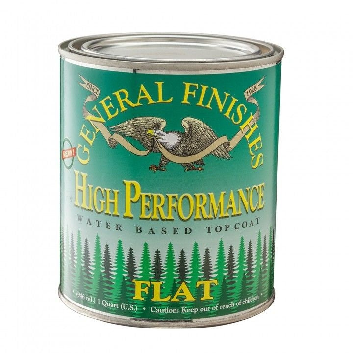 Quart container of water-based flat topcoat from Stains and Finishes for wood protection in home improvement collections