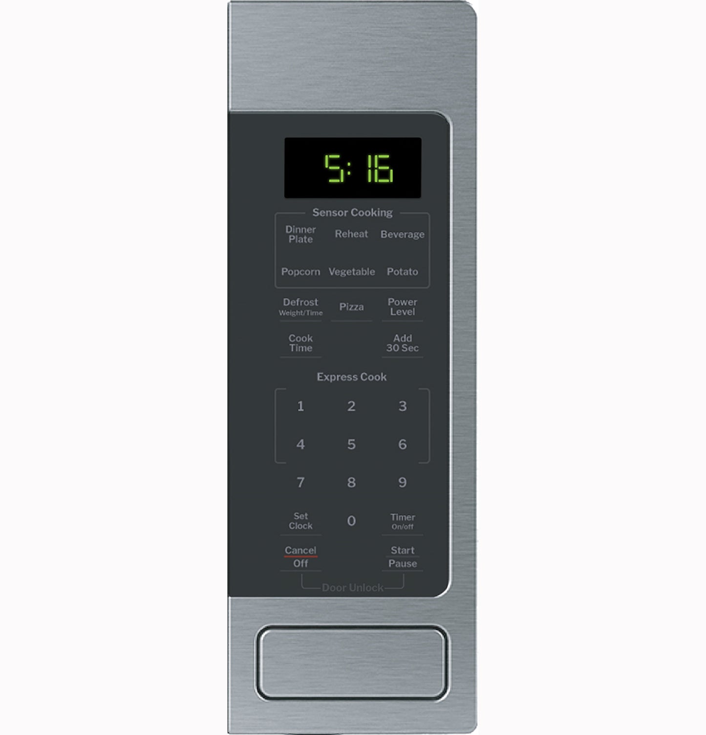 Digital control panel with timer and multiple sensor cooking presets on stainless steel countertop microwave oven panel