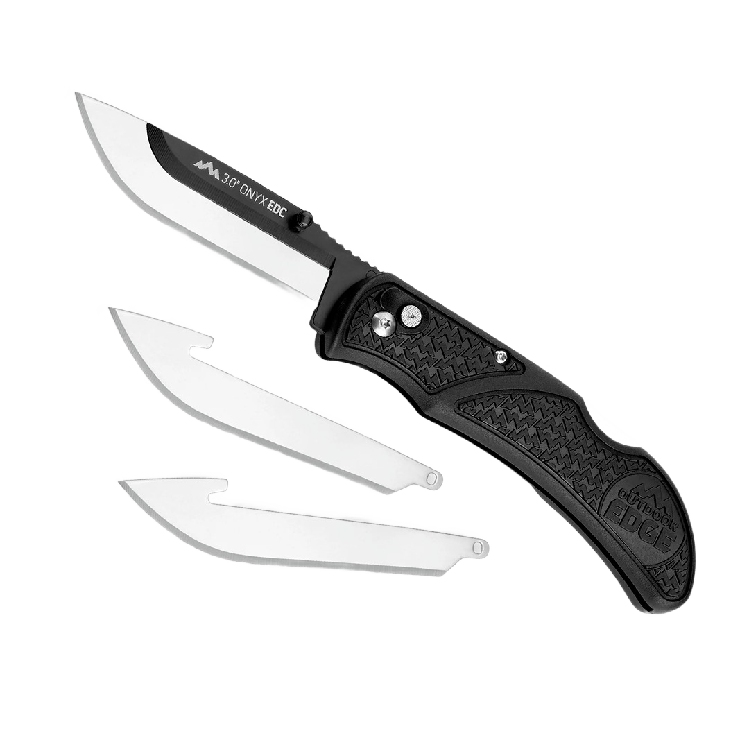 Black-oxide coated folding knife with textured handle and two replaceable blades for cutting tools and hand tools collections