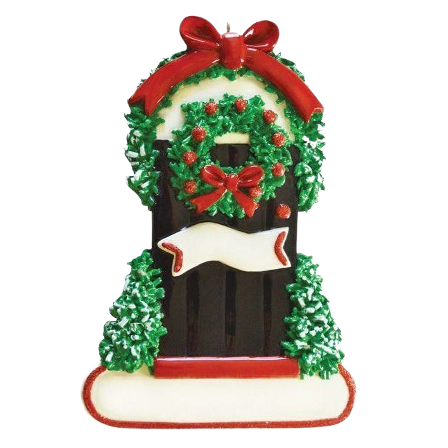 Festive door ornament with green wreath, red bow, and snowy base for Christmas tree decorations under $50