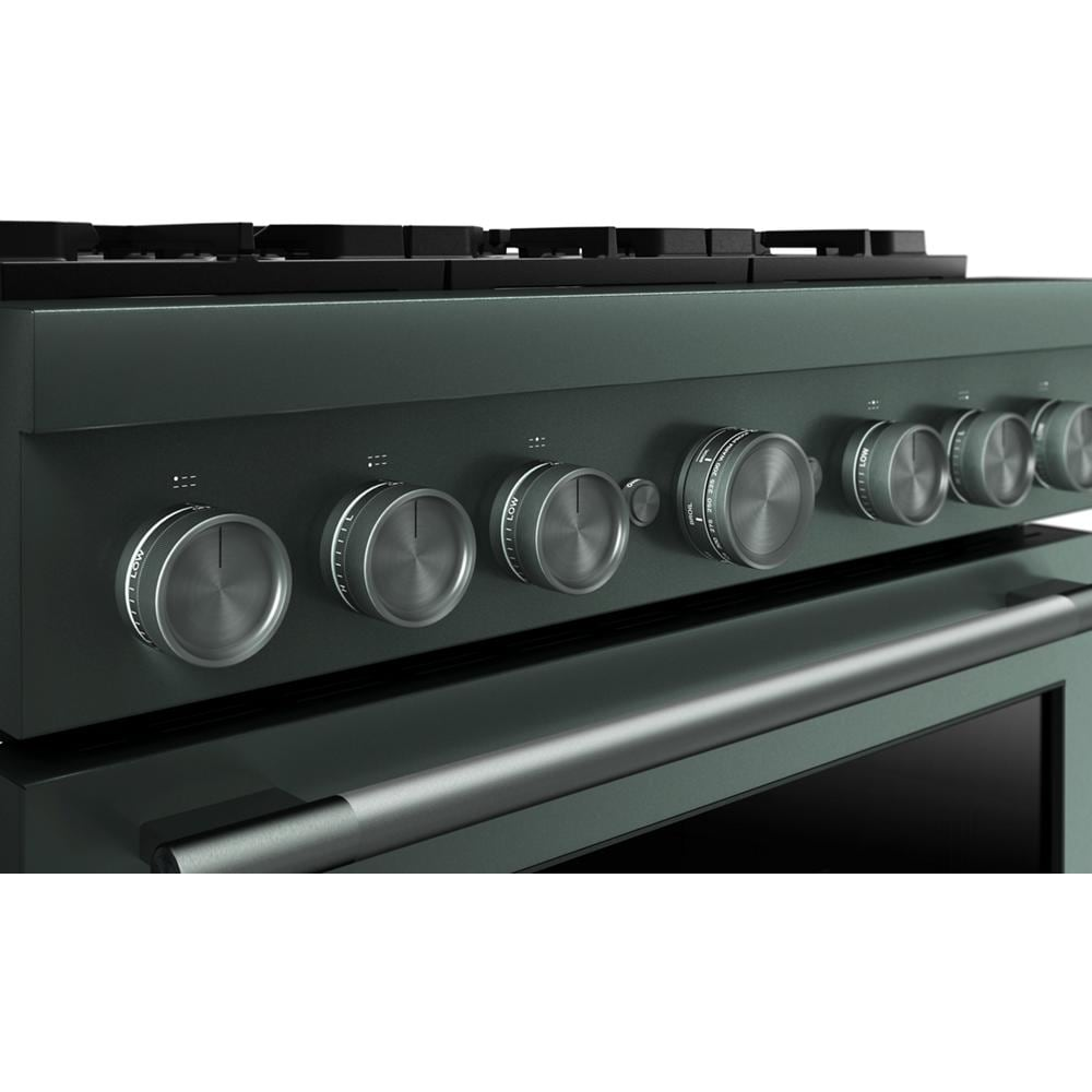 Close-up of black commercial-style range control panel featuring seven brushed stainless steel knobs and matching handle