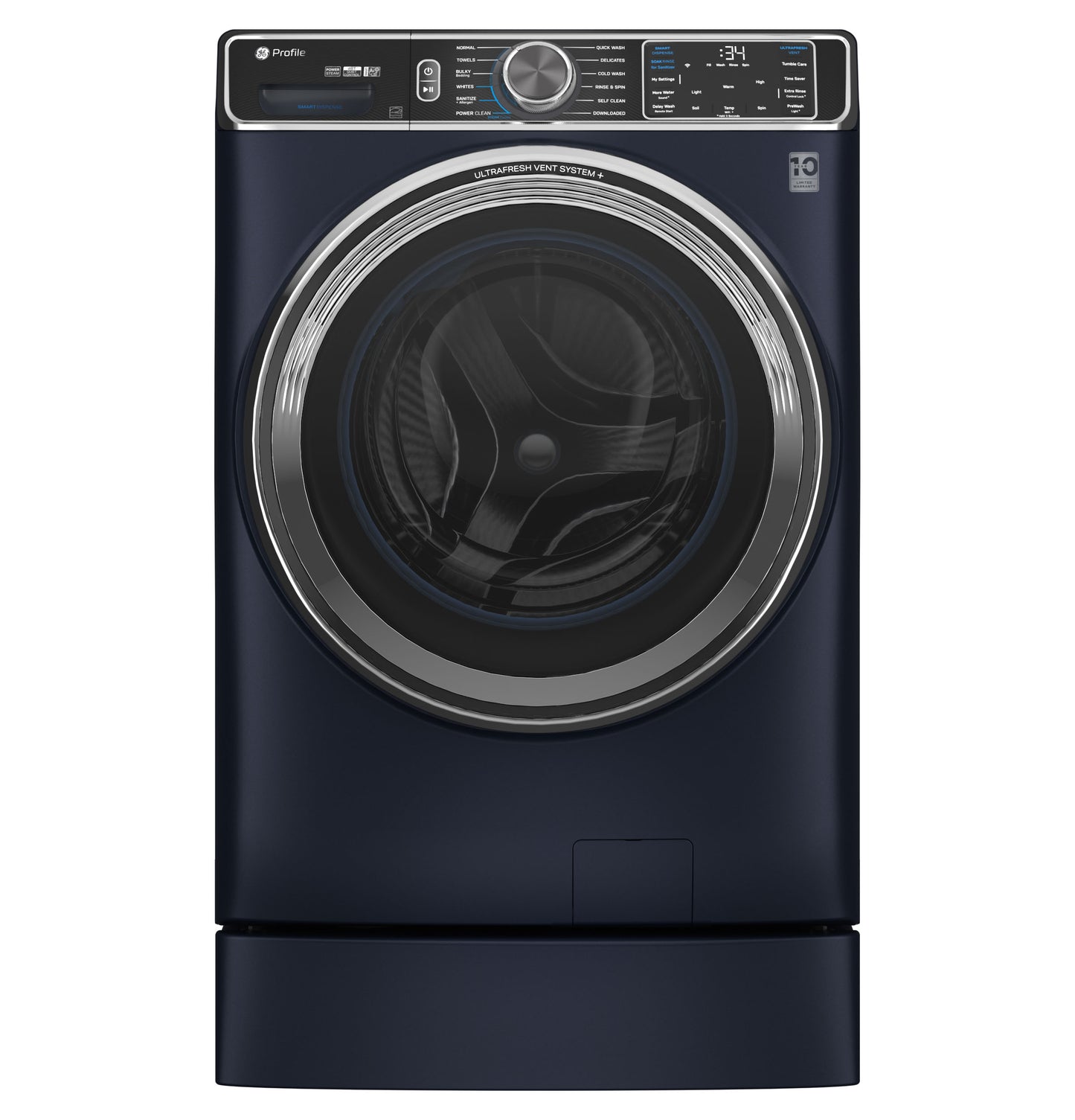 Dark blue smart front load washer with digital controls and UltraFresh™ Vent System in washers and dryers collection