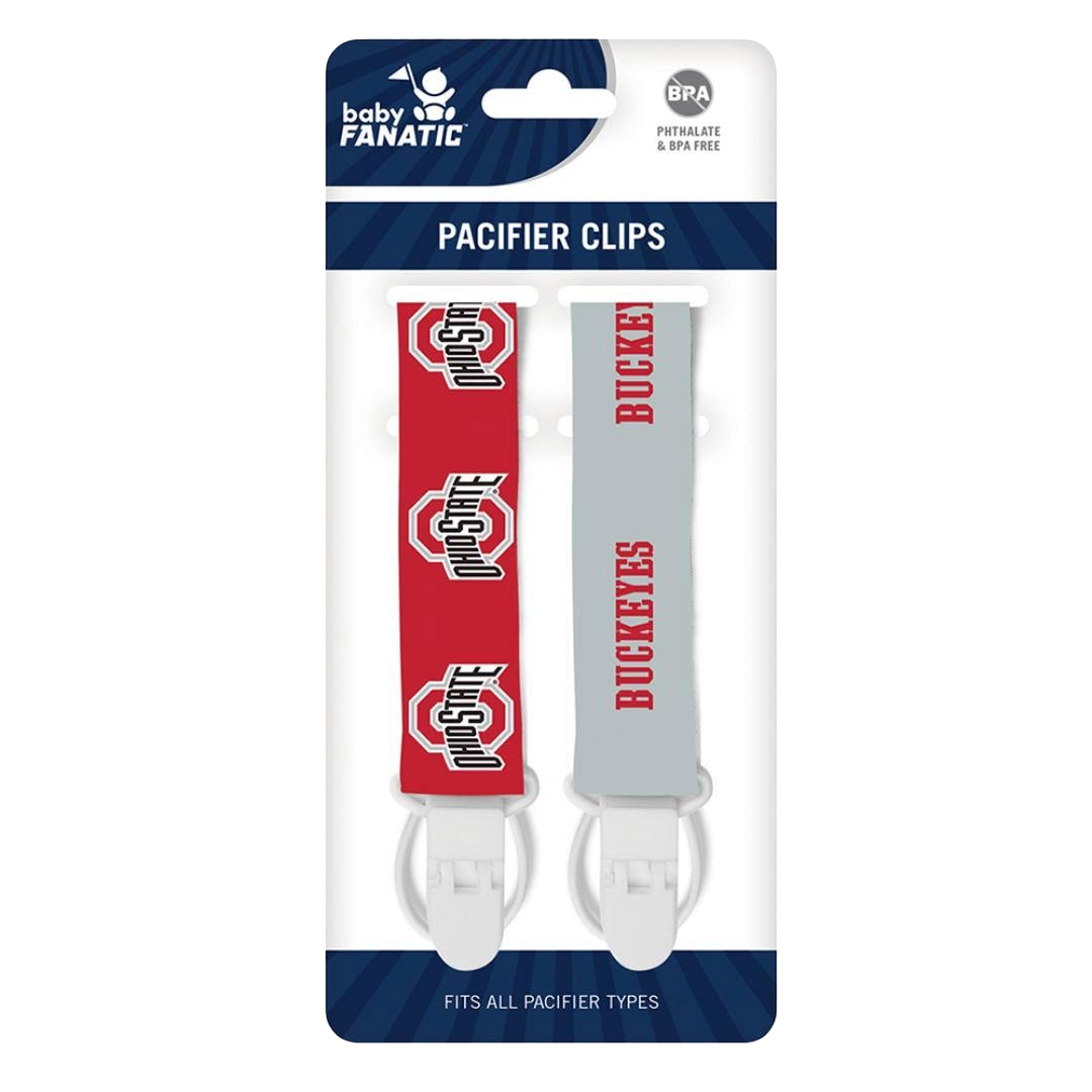 Two-pack baby pacifier clips with Ohio State Buckeyes logos and team colors from toddler toys collection