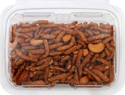 Clear plastic container filled with savory club mix of sesame sticks, almonds, and cashews in food & beverage collection