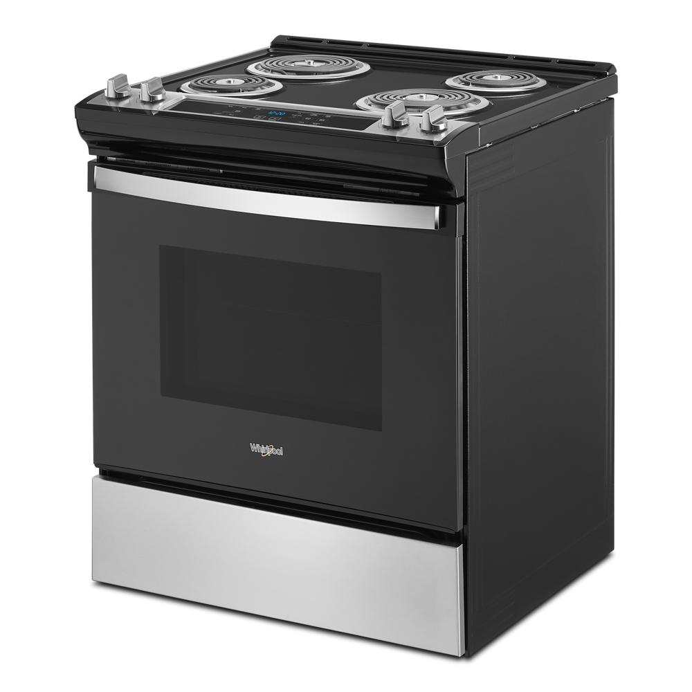 black and stainless steel electric range with coil burners and digital display for kitchen and home improvement