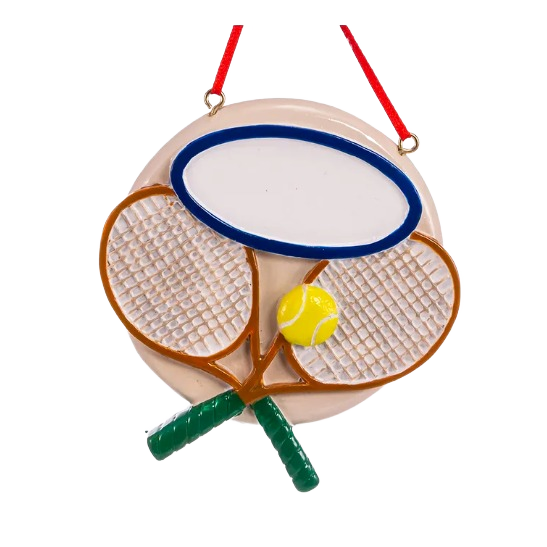 Personalized tennis ornament featuring crossed rackets and ball, perfect for Christmas tree decorations under $50 collections