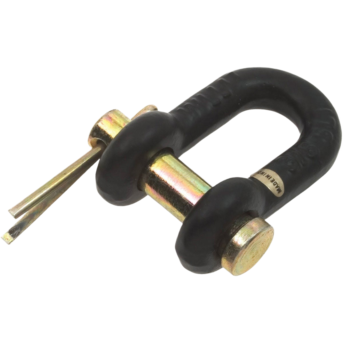 Forged black powder-coated clevis with yellow zinc pin for durable fastening in parts and lubricants under $50 collections