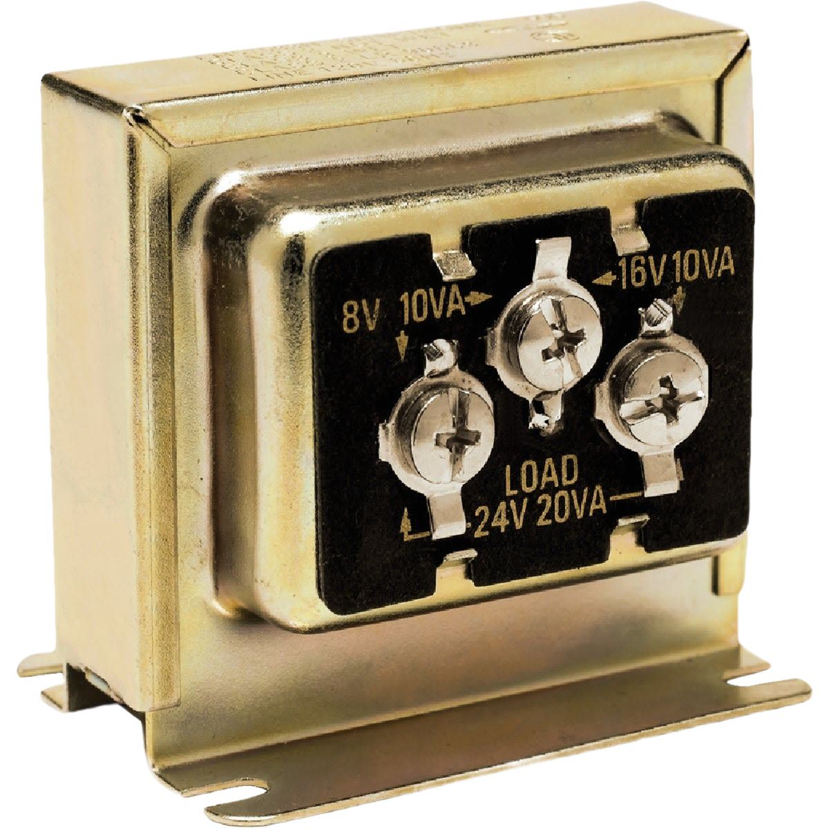 Multi-voltage electrical transformer with metal casing and labeled screw terminals for home improvement use
