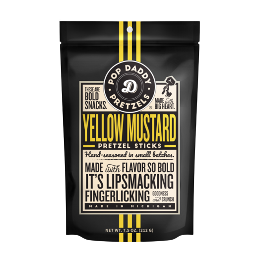 Pop Daddy Yellow Mustard seasoned pretzel sticks in black resealable bag from Chips & Snacks and Food & Beverage collections