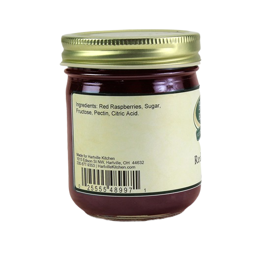Back view of 9 oz jar showing ingredients label for Hartville Kitchen seedless red raspberry jam from jams and jellies collection