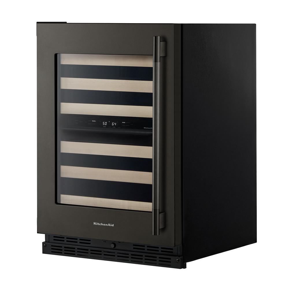 24-inch undercounter wine cellar with wood-front full-extension racks and digital temperature display in KitchenAid appliances collection