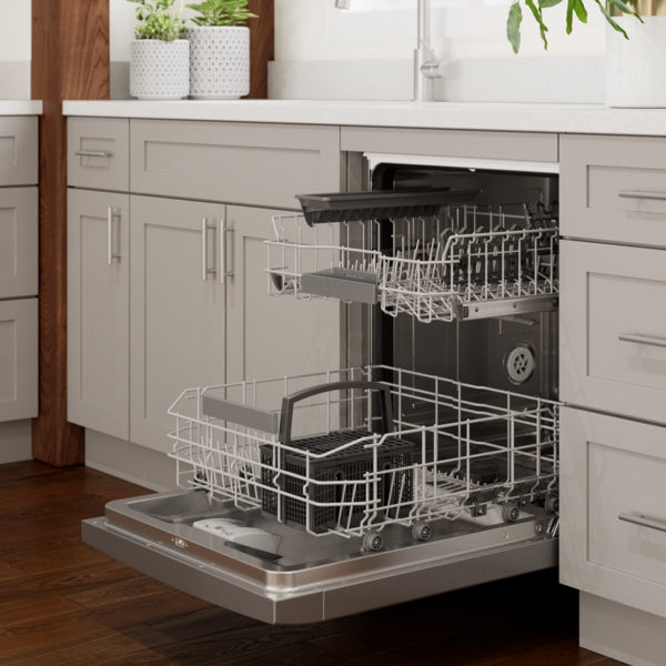 Open stainless steel dishwasher with adjustable racks in modern kitchen from Bosch dishwashers collection