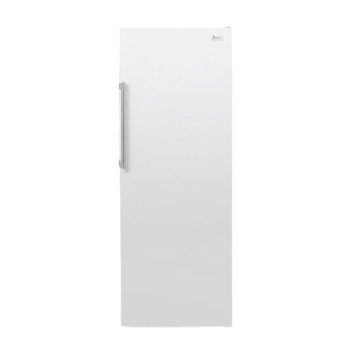 White vertical freezer with stainless steel handle, designed for storage and organization in kitchens and garages.
